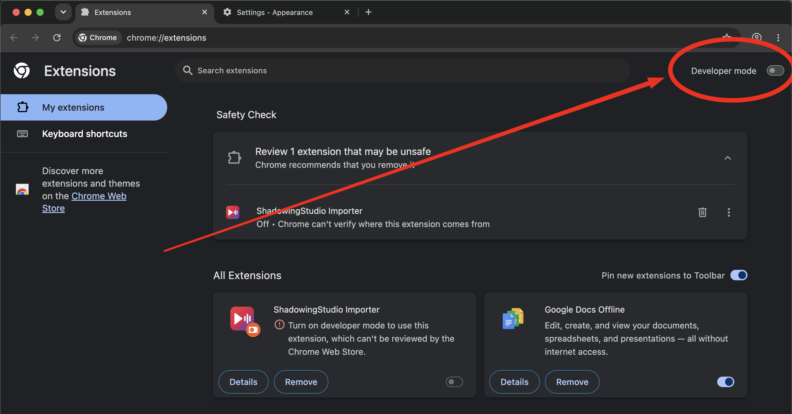 Vị trí nút bật Developer mode