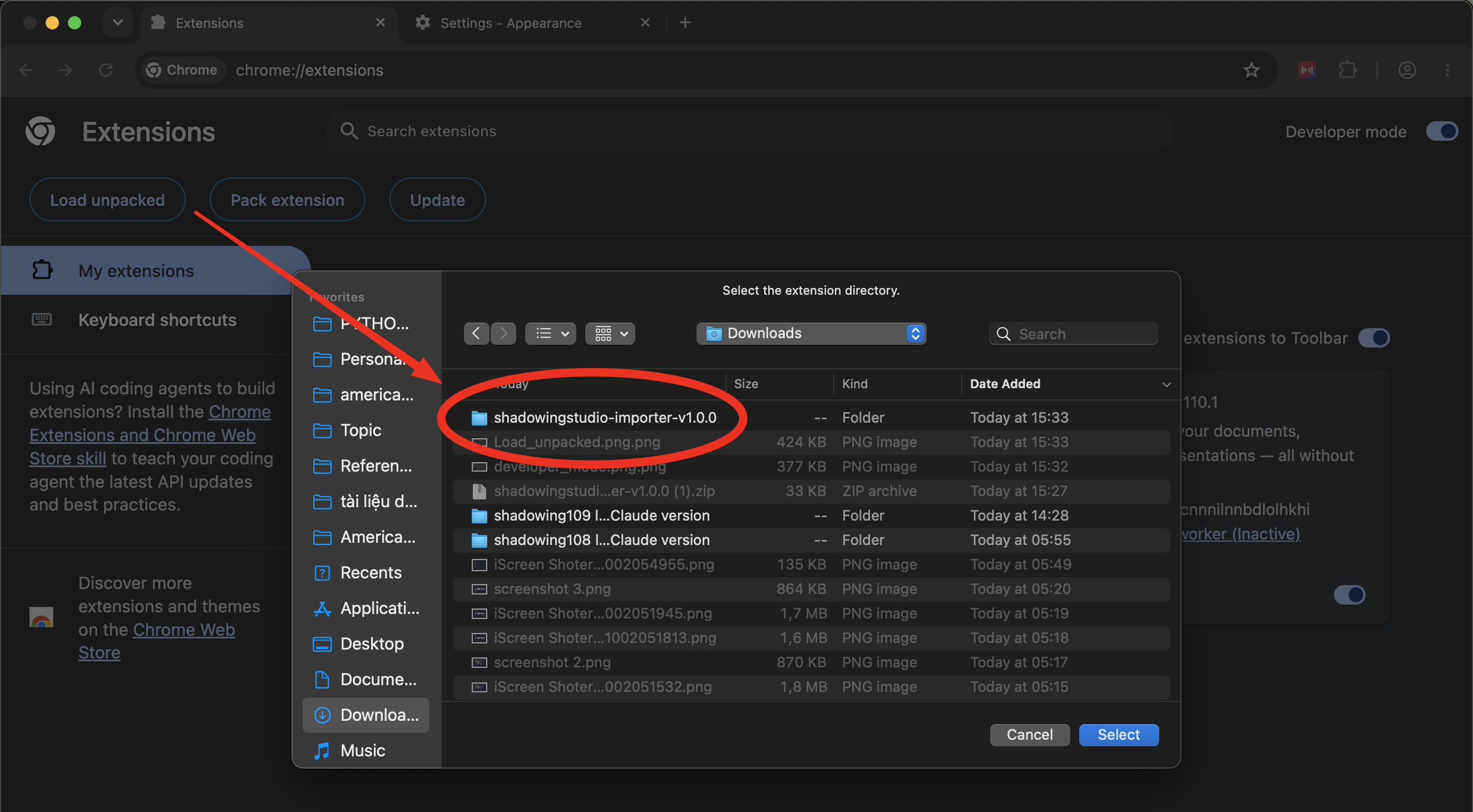 Chọn thư mục shadowingstudio-importer-v1.0.0